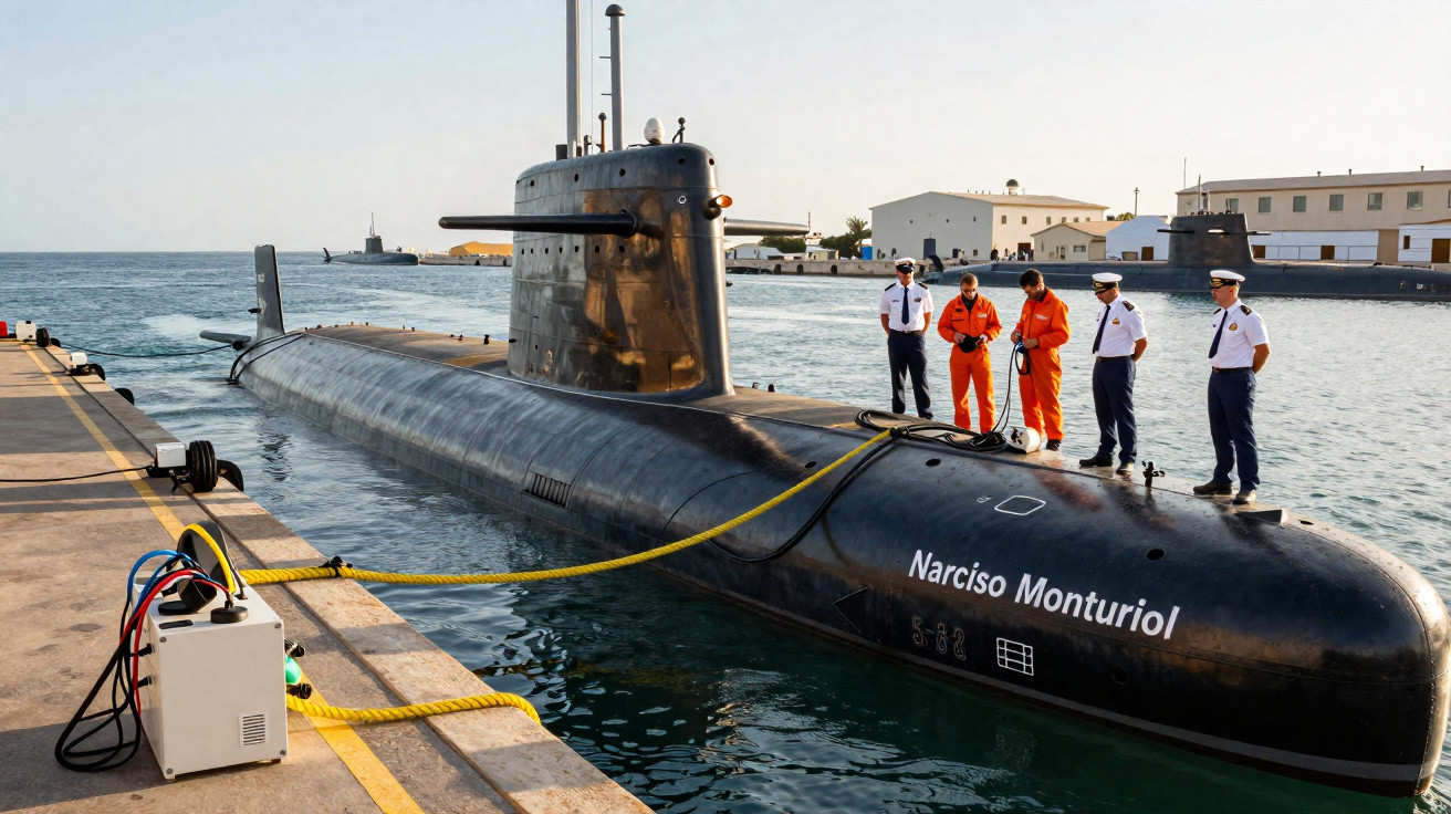 Submarino Narciso Monturiol atracado com cinco tripulantes em uniformes na doca de base naval.