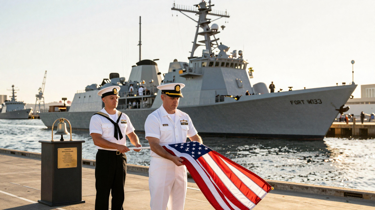 Dois militares americanos realizam cerimônia de dobrar a bandeira com navio de guerra ao fundo no porto.