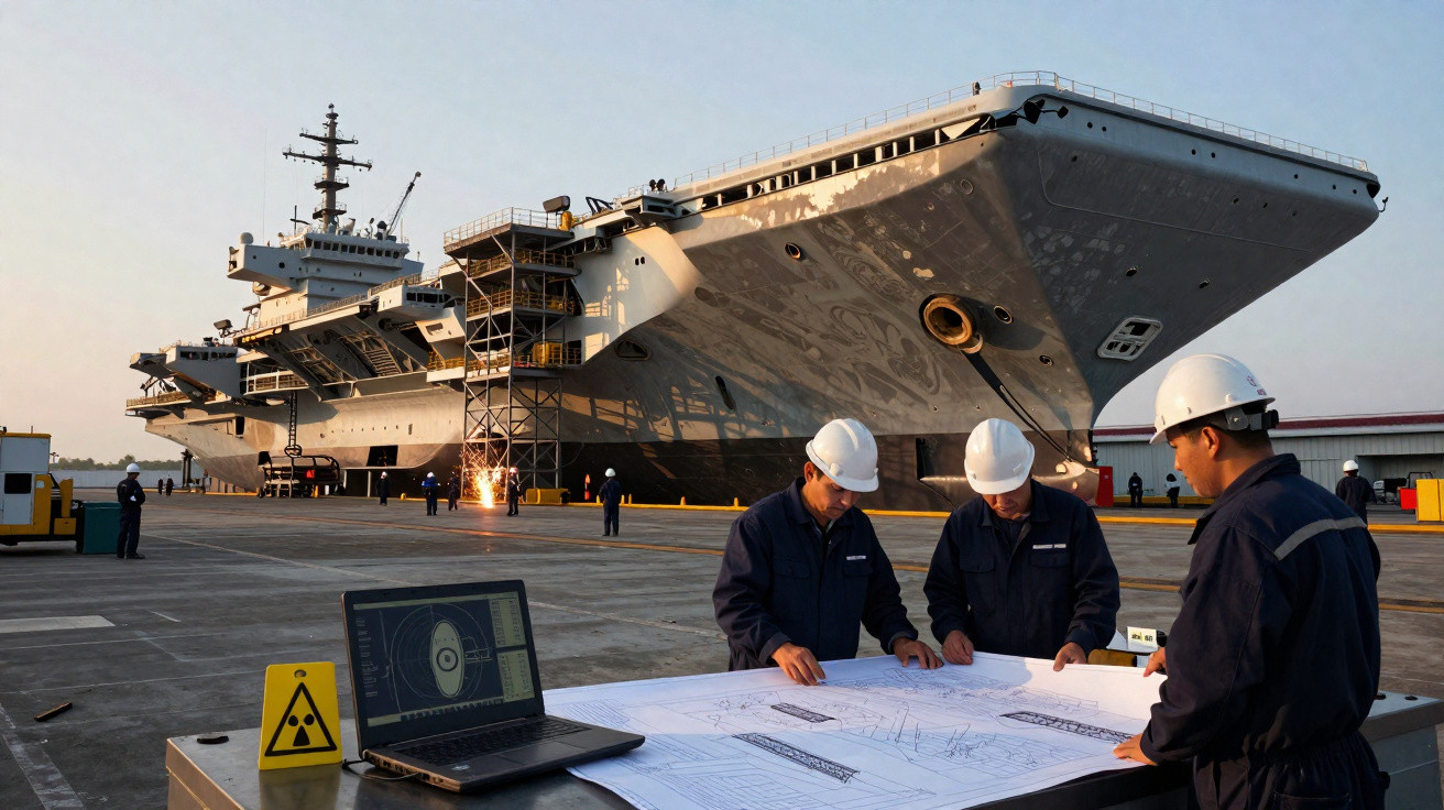 Três trabalhadores com capacetes revisam plantas perto de um navio de guerra atracado em cais industrial.
