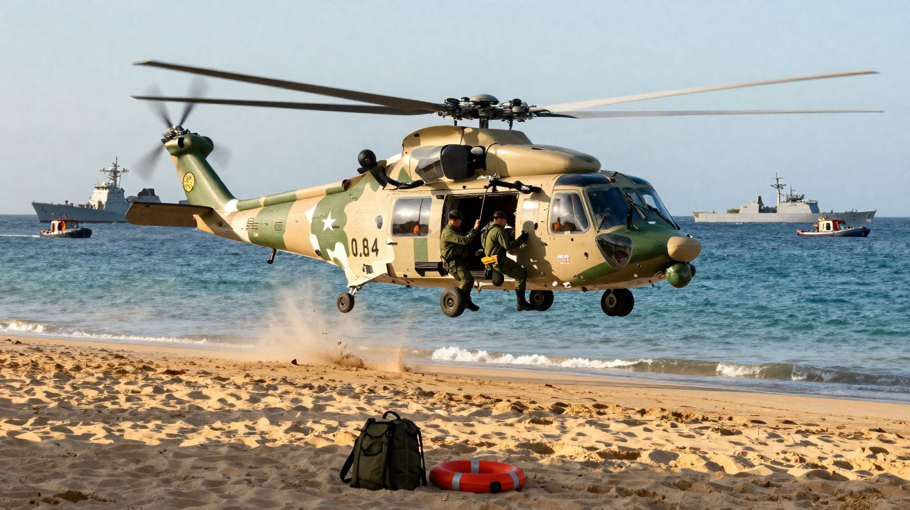 Helicóptero militar camuflado pousando em praia com soldados, mochila, boia salva-vidas e navios ao fundo.