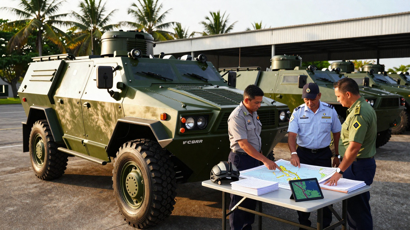 Três militares revisando mapas em mesa ao ar livre, ao lado de veículos blindados verdes estacionados.