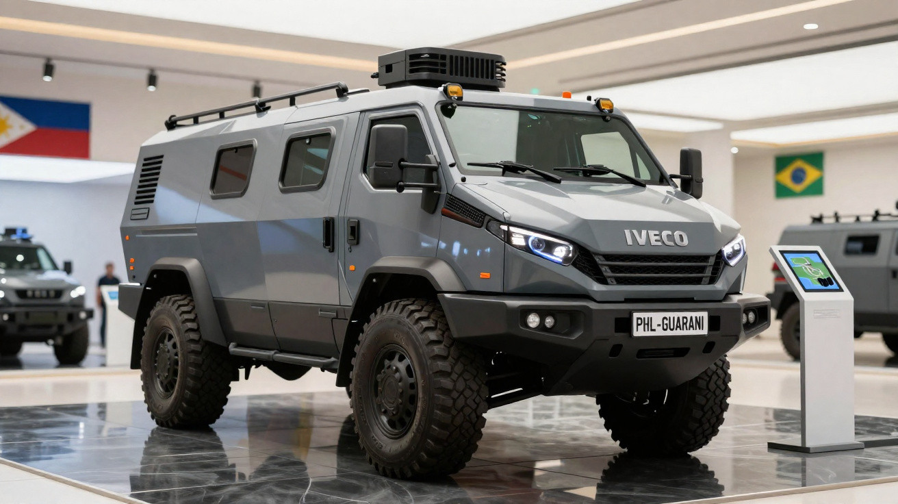Veículo blindado Iveco PHL-Guarani em exposição indoor com bandeiras ao fundo.