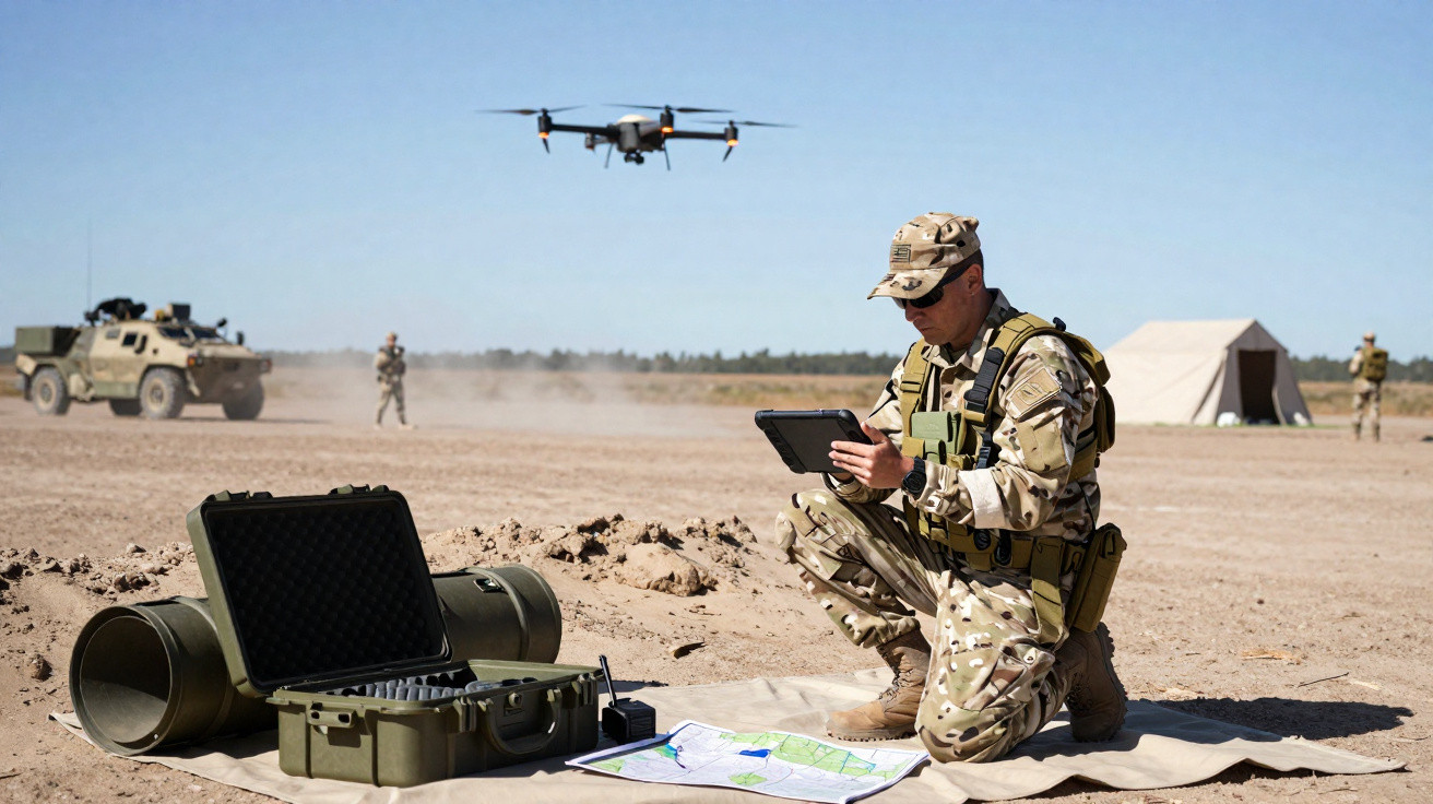 Soldado em uniforme camuflado controlando drone com tablet em cenário desértico e equipamentos militares no chão.