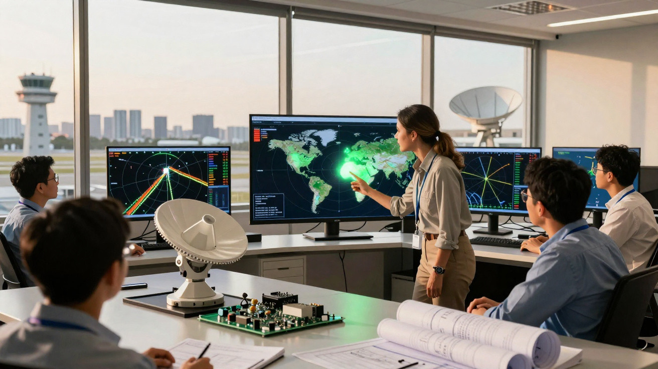Equipe de controle em sala com monitores exibindo mapas e gráficos de satélites e antenas parabólicas.