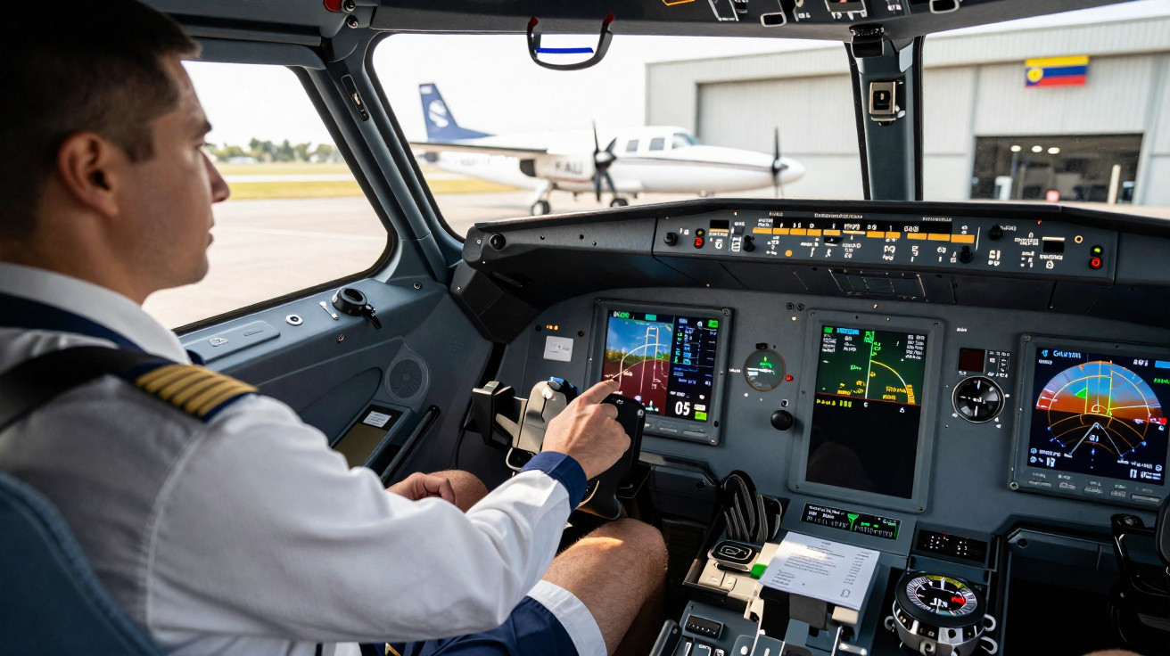 Piloto operando controles na cabine de comando de avião com avião pequeno no pátio ao fundo.