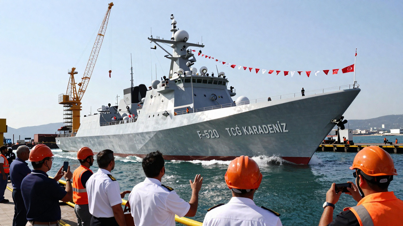 Navio de guerra TCG Karadeniz F-520 ancorado, com pessoas usando capacetes observando no pier.