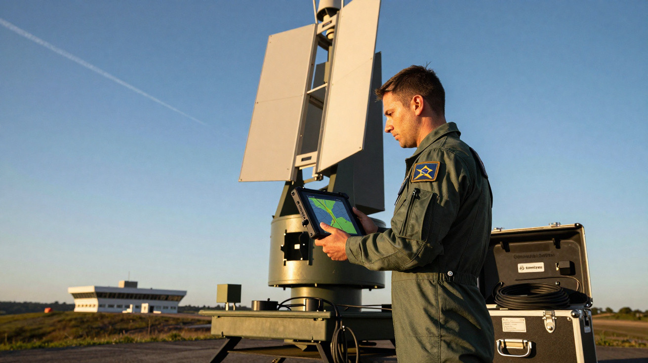 Militar usando tablet ao lado de equipamento radar em campo aberto durante o dia com céu azul.
