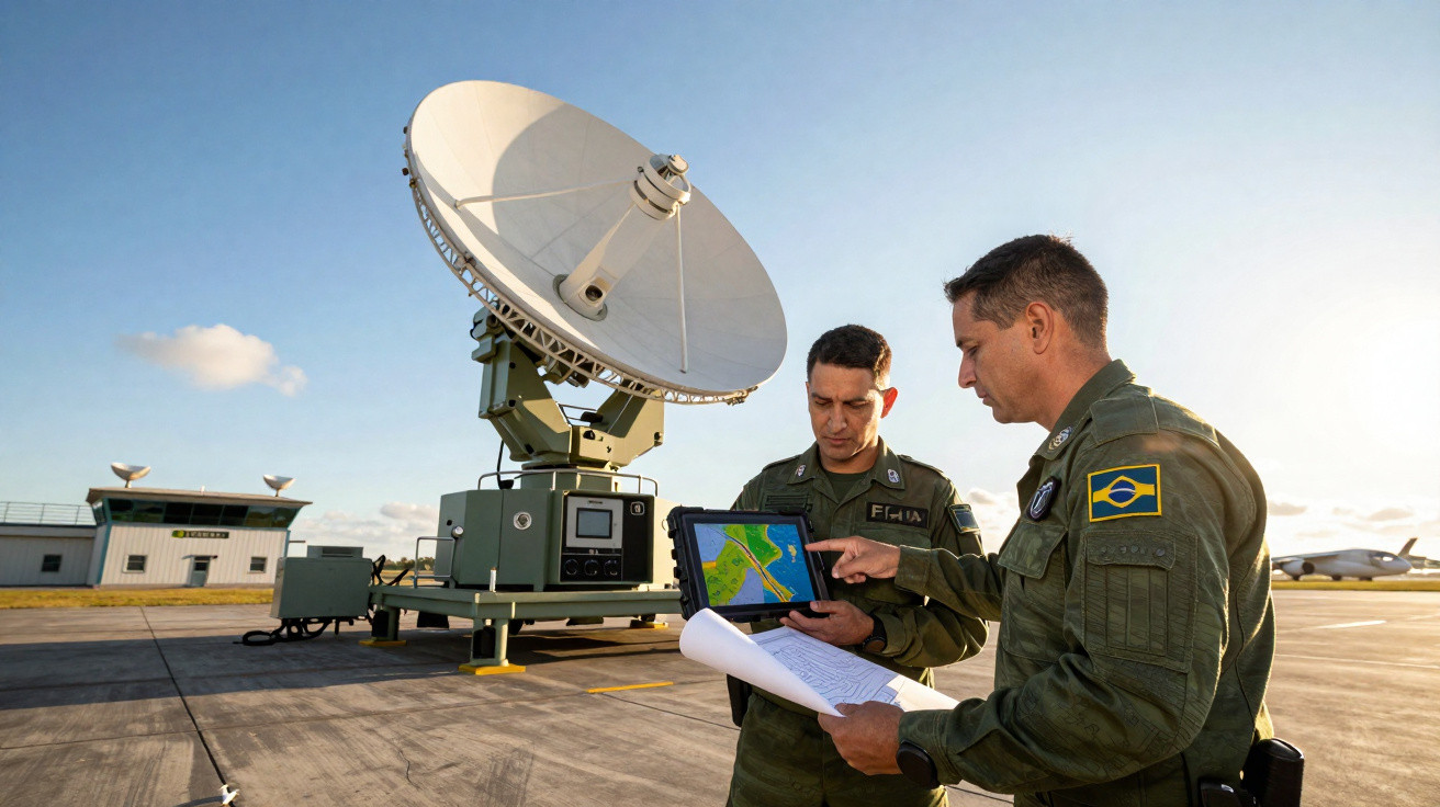 Dois militares brasileiros em área externa operam tablet próximo a antena de radar parabólica grande.