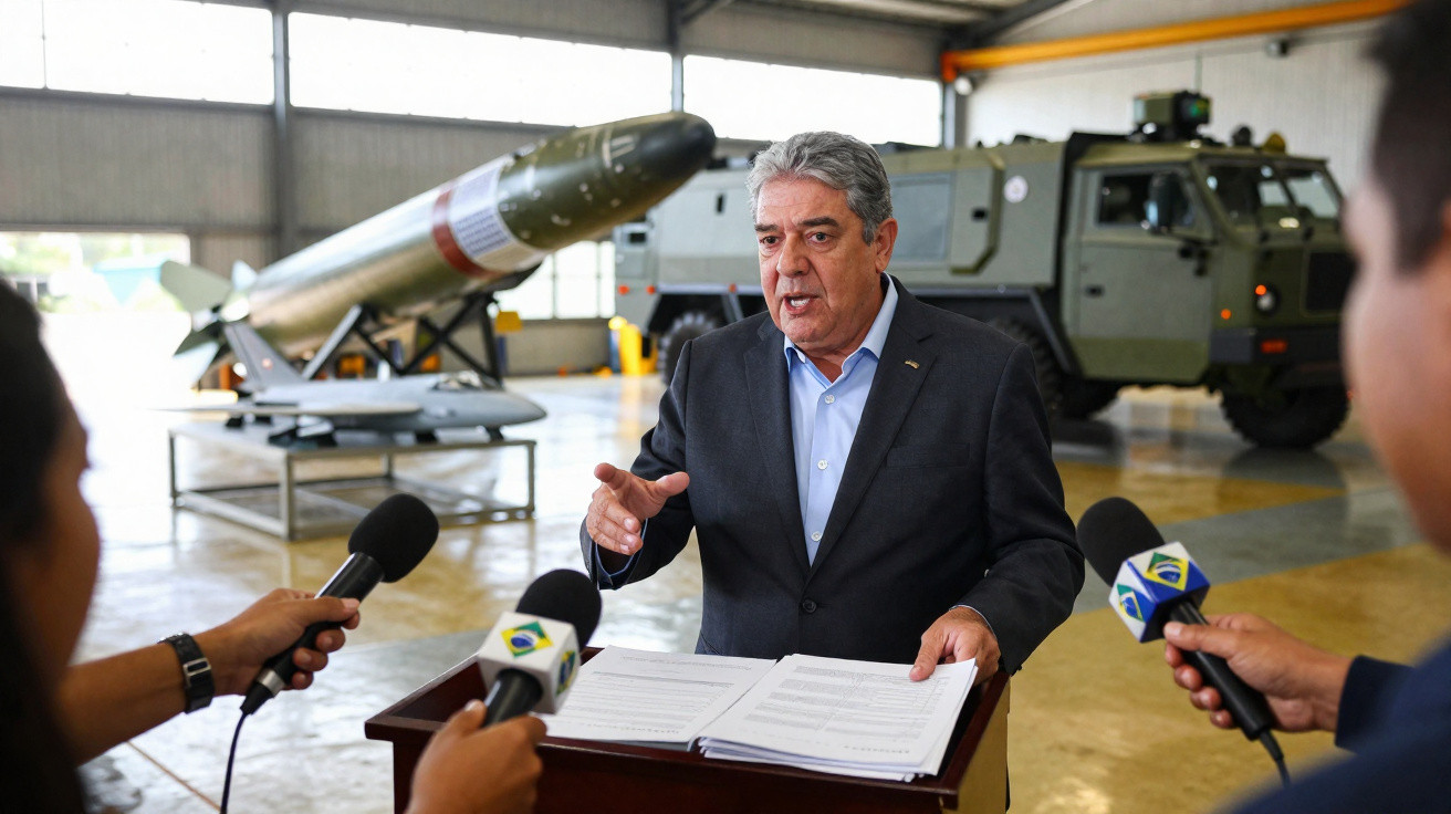 Homem falando em coletiva de imprensa dentro de hangar com míssil e veículo militar ao fundo.