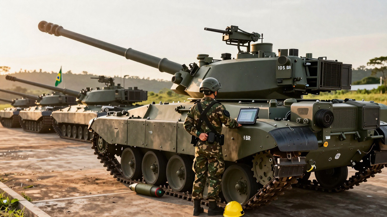 Soldado fardado inspeciona tanque de guerra verde em área externa com outros tanques ao fundo.