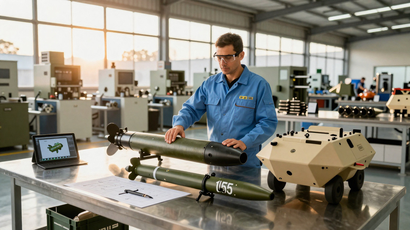 Engenheiro em uniforme azul inspeciona foguete e robô militar em mesa de laboratório tecnológico.