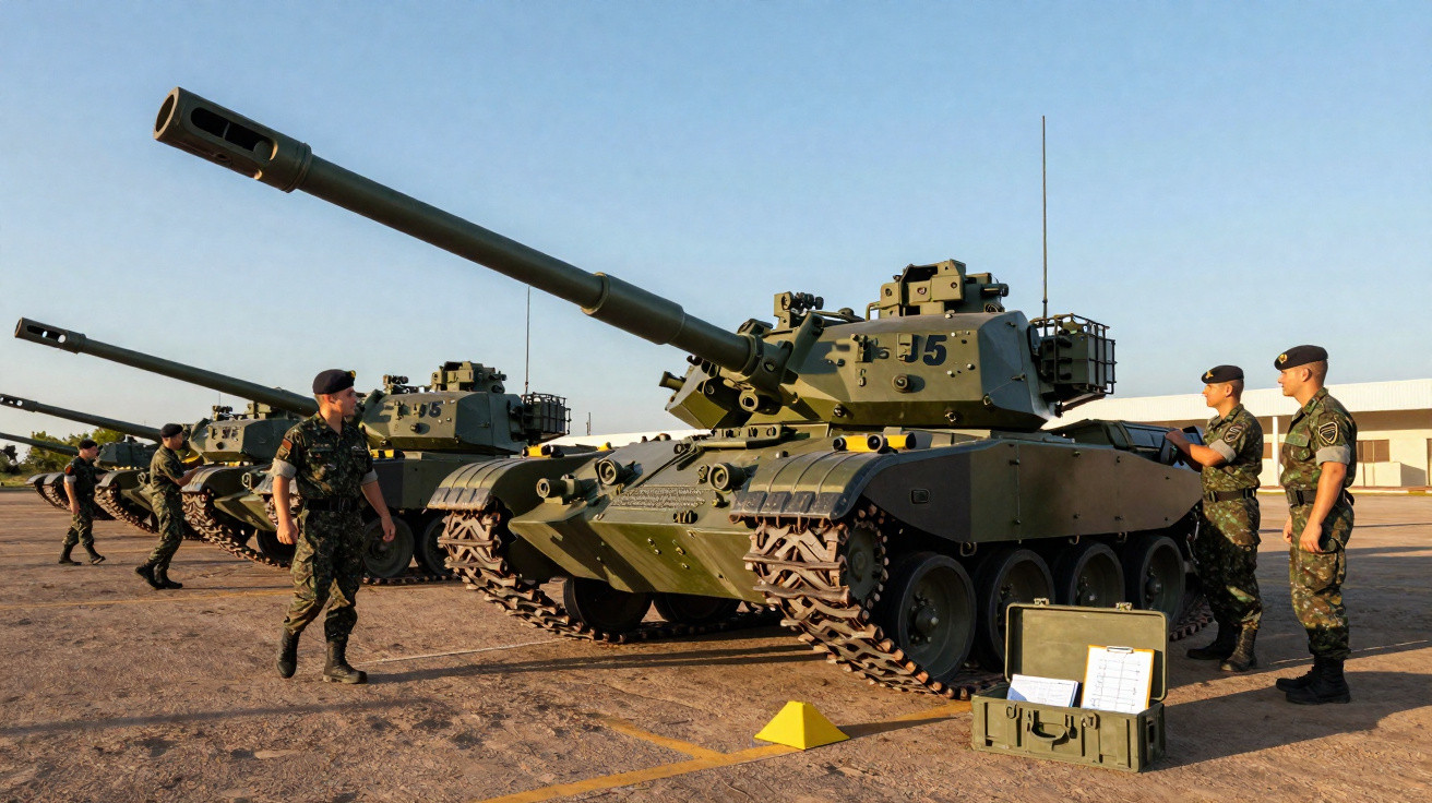 Tanques de guerra verdes alinhados com soldados militares em treinamento ao ar livre.