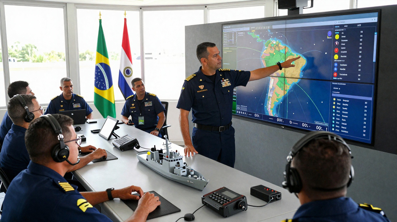 Oficiais da Marinha em reunião com mapa estratégico da América do Sul exibido em tela grande.