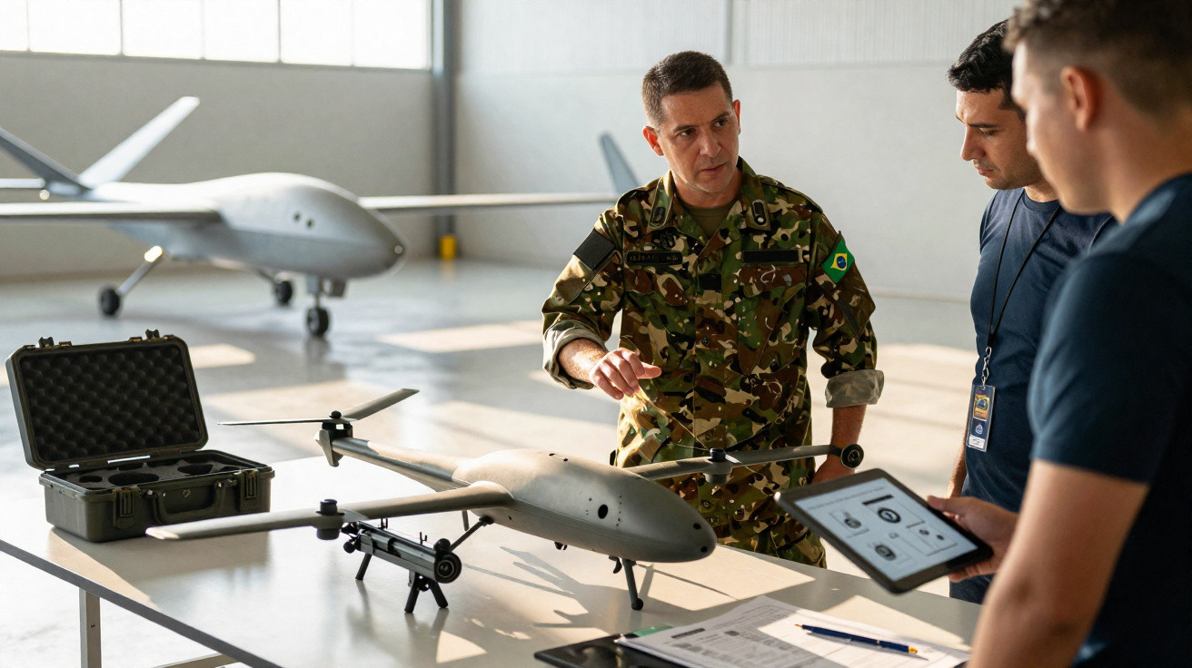 Militar brasileiro explica funcionamento de drone a dois civis em hangar com aeronave ao fundo.