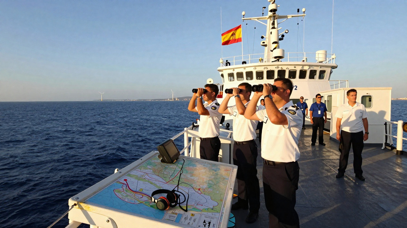 Militares espanhóis em navio de patrulha observando o mar com binóculos sob céu claro.