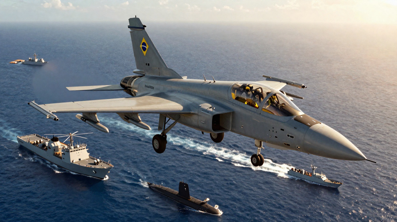 Avião militar com bandeira do Brasil voando sobre mar com navios de guerra e submarino visíveis.