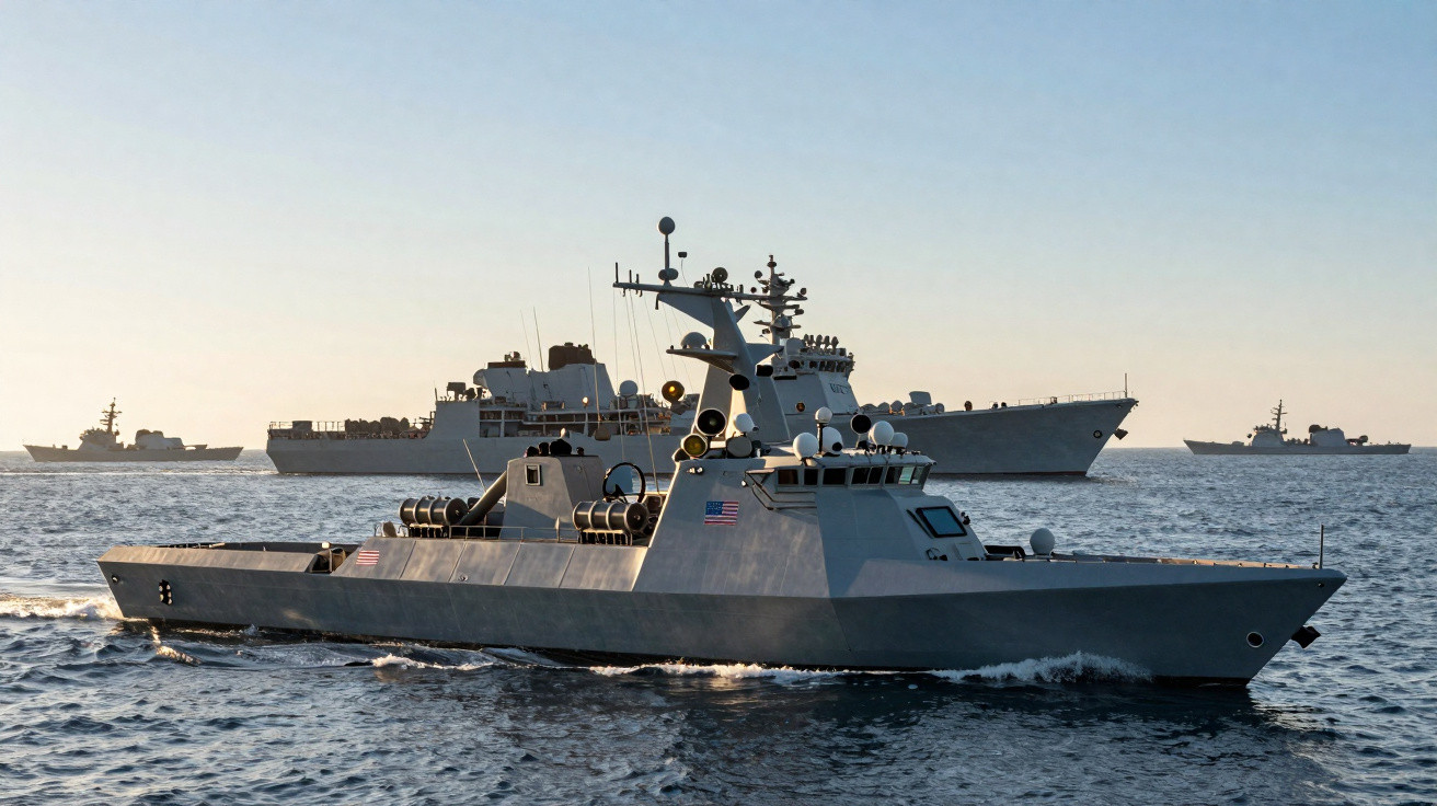 Navio de guerra com bandeira dos Estados Unidos navegando no mar ao entardecer.