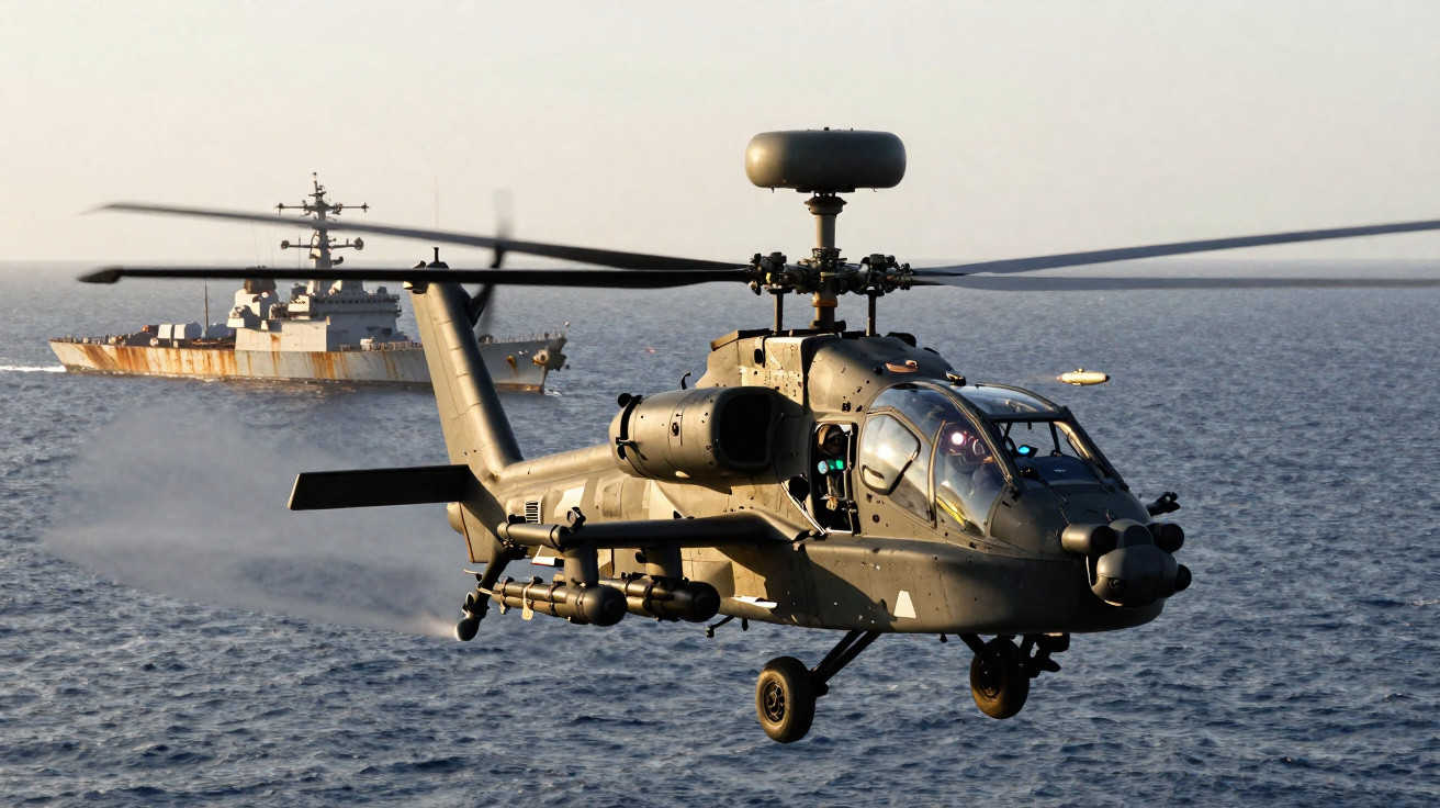 Helicóptero militar Apache voando baixo sobre o mar com navio de guerra ao fundo.