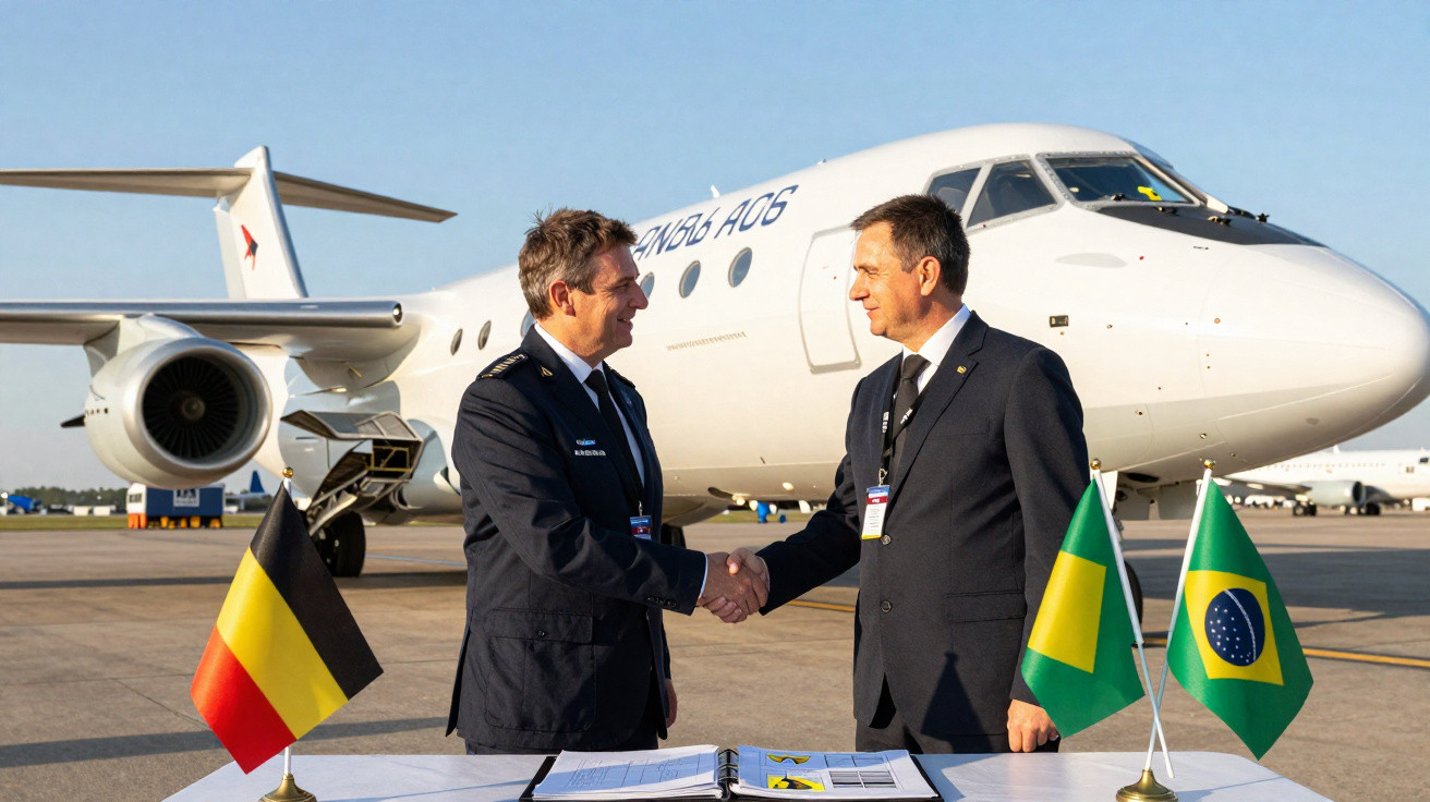 Dois homens em trajes formais apertando as mãos em frente a um avião com bandeiras do Brasil e Bélgica sobre a mesa.