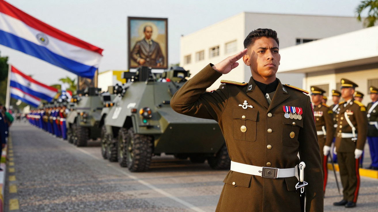 Soldado militar em uniforme verde fazendo continência em cerimônia com tanques e bandeiras do Paraguai ao fundo.