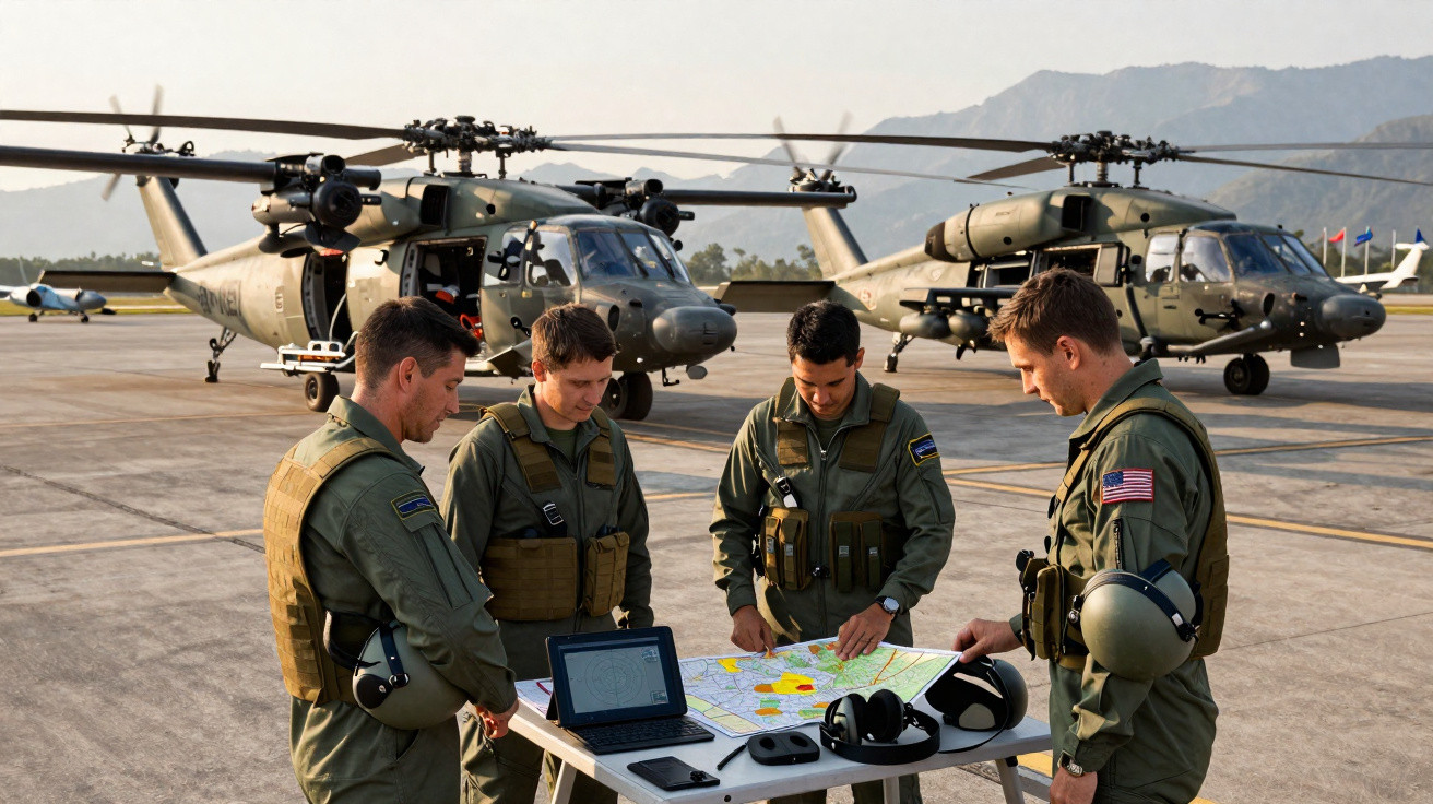 Quatro militares em uniforme revisam mapas e equipamentos em frente a helicópteros em base aérea ao ar livre.