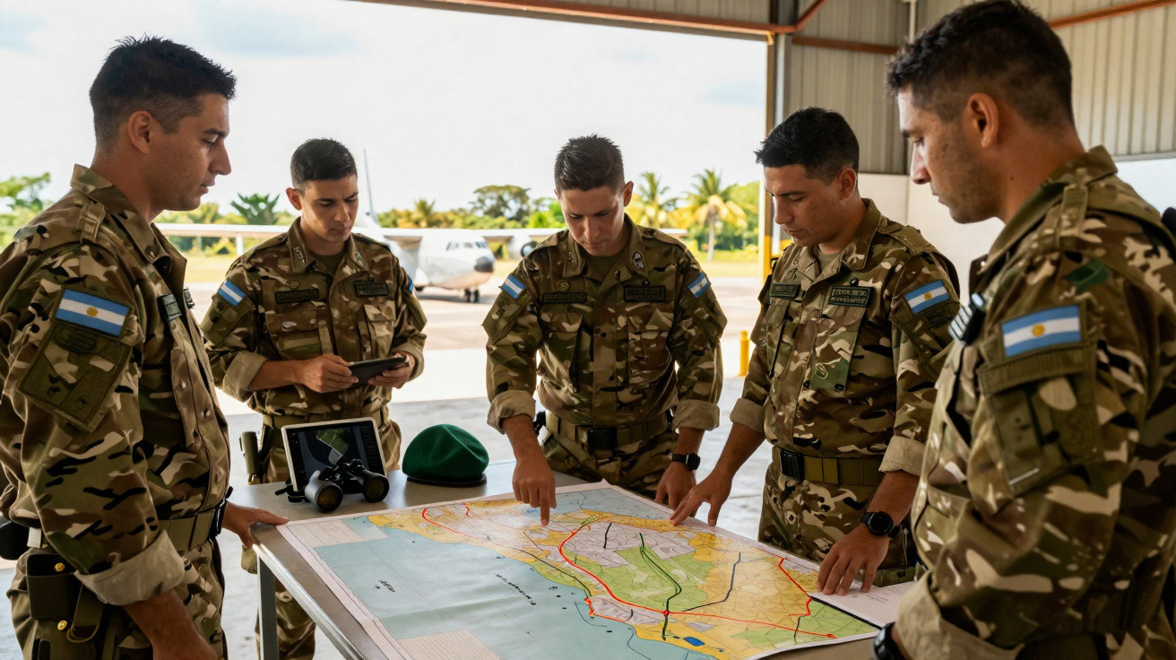 Cinco soldados argentinos em uniforme camuflado analisando um mapa sobre uma mesa em hangar.