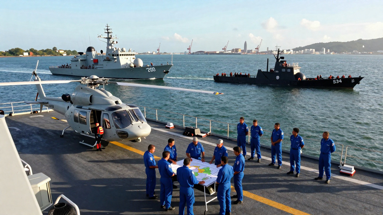Equipe naval em uniforme azul reunida no convés com helicóptero e navios militares ao fundo em uma área portuária.