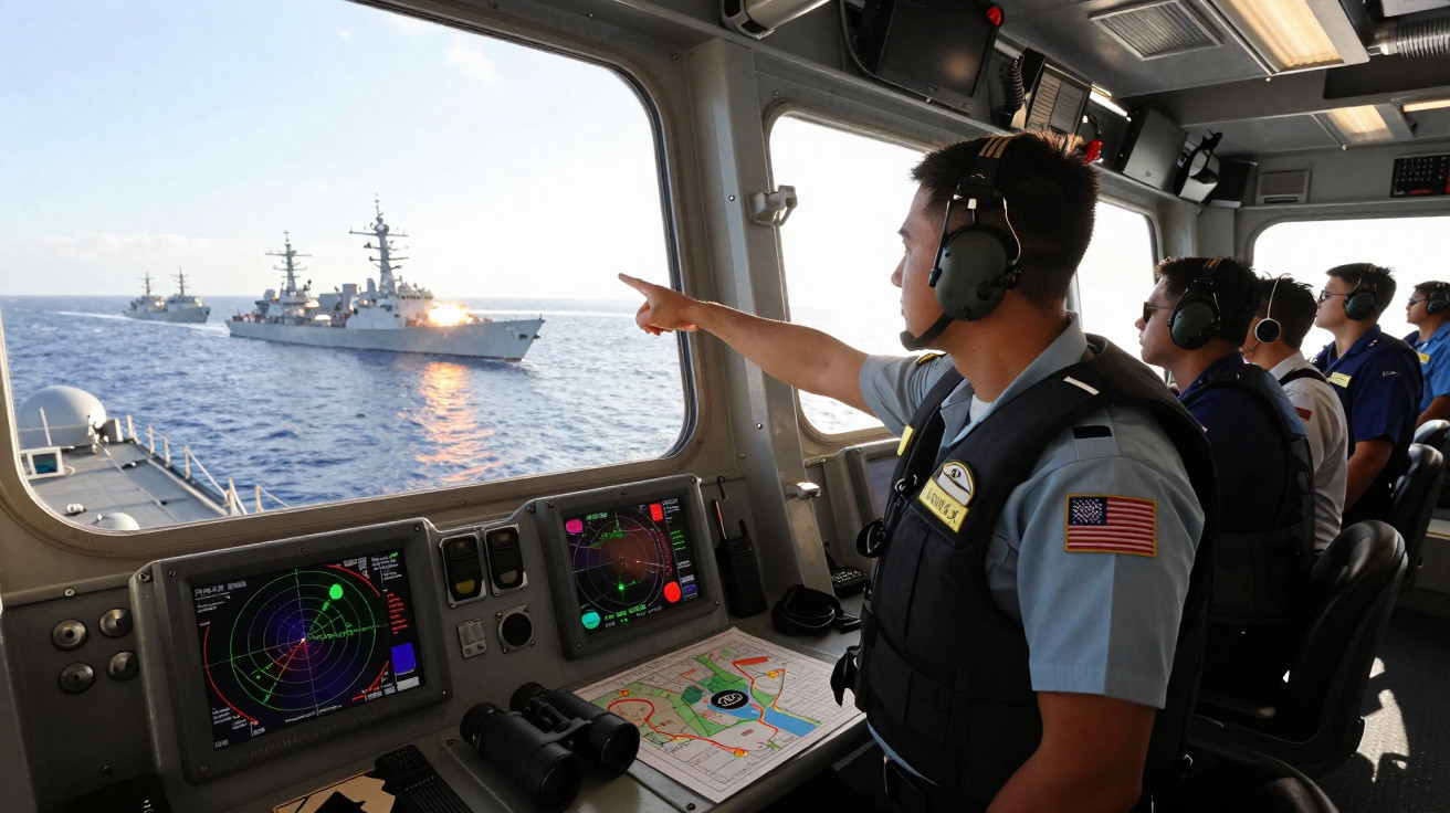 Homens com fones de ouvido operam equipamentos de radar e navegação em um navio militar no mar.