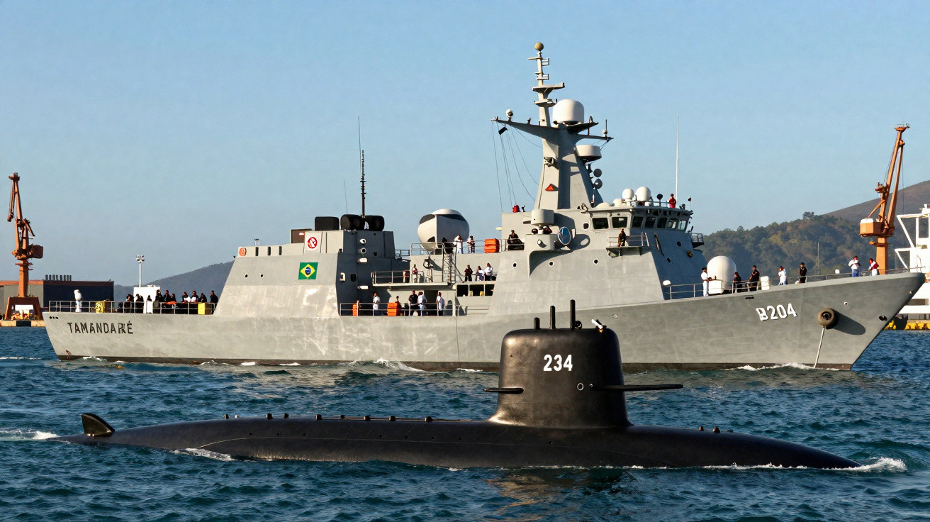 Submarino preto em primeiro plano e corveta da Marinha do Brasil com pessoas a bordo em porto.