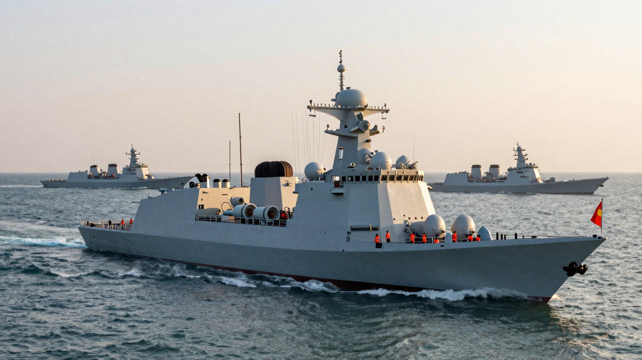 Três navios de guerra militares cinza navegando no mar em dia claro com tripulação a bordo.