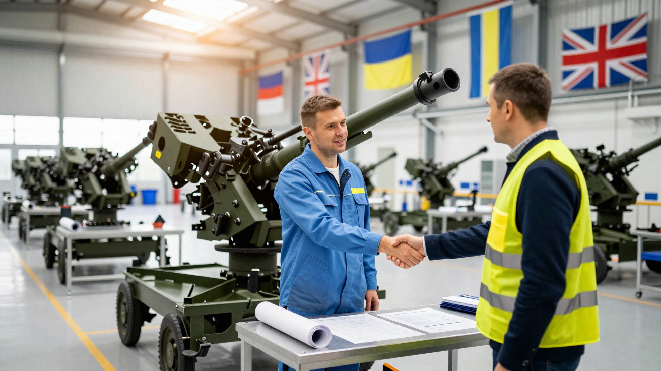 Dois homens apertando as mãos em frente a peças militares em ambiente industrial com bandeiras ao fundo.