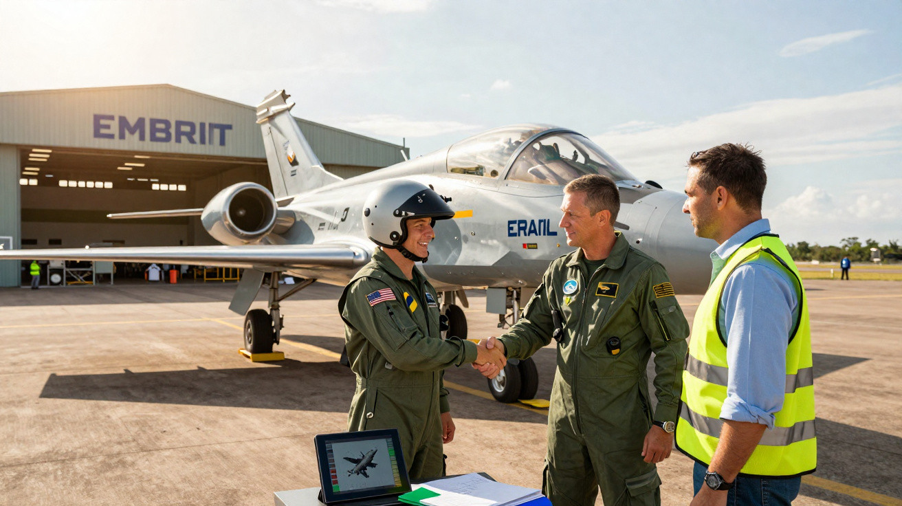 Dois pilotos militares apertam as mãos em pista de aeroporto com jato Embraer ao fundo e técnico observa.