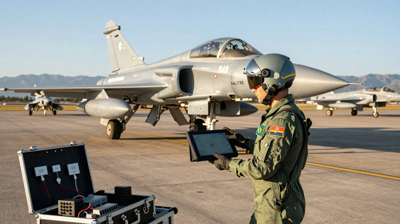 Piloto militar com capacete e tablet em pista de pouso com aviões de caça estacionados ao fundo.