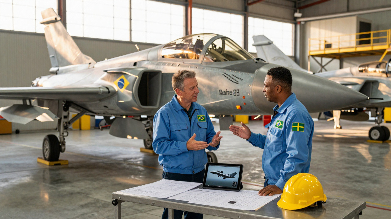 Dois engenheiros em jaquetas azuis discutem planos diante de jato militar em hangar.
