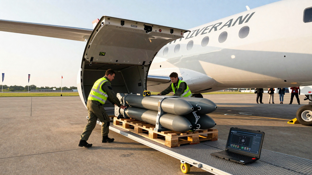 Dois homens carregam equipamento em palete para abrir porta de avião em pista de aeroporto.