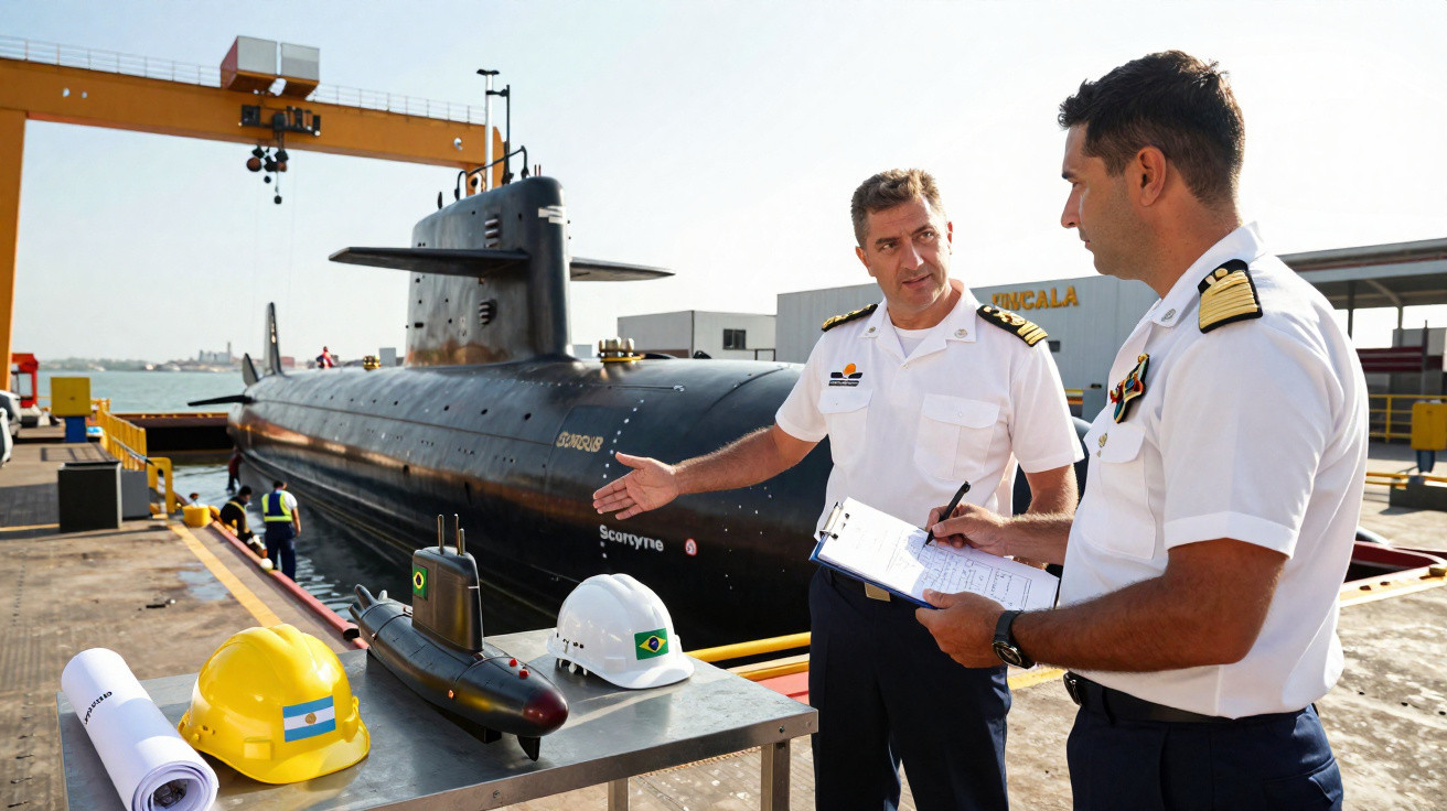 Dois oficiais da marinha conversam em doca com submarino ao fundo e miniatura do submarino sobre mesa metálica.