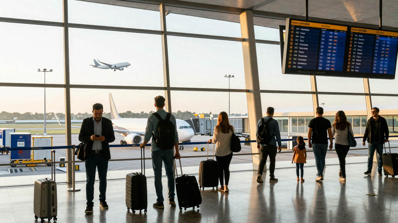 Pessoas com malas esperam no terminal do aeroporto com avião decolando ao fundo e painel de voos acima.