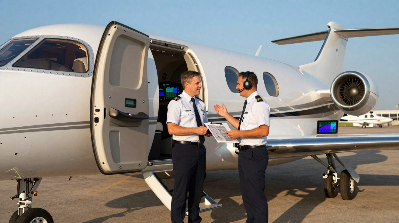 Dois pilotos em uniforme conversam ao lado da porta aberta de um jato executivo no aeroporto.
