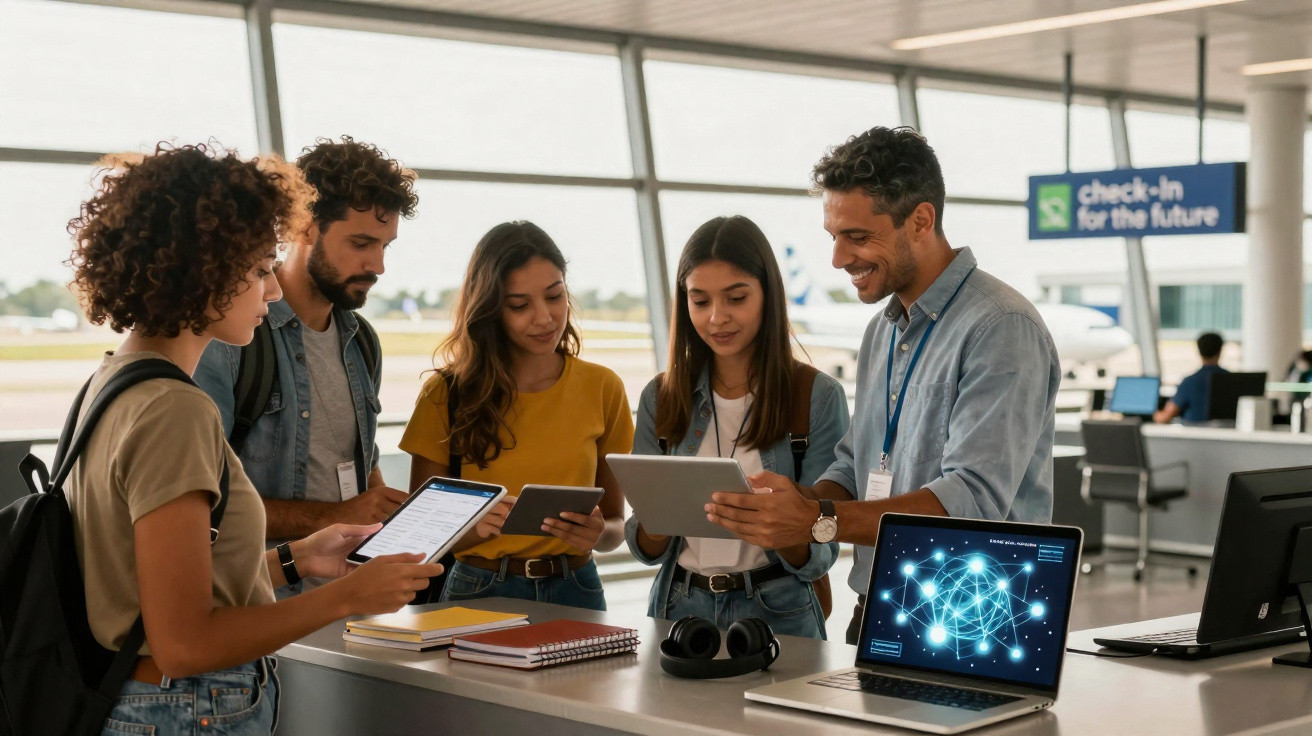 Grupo de jovens usando dispositivos digitais no aeroporto, com laptop exibindo rede neural.