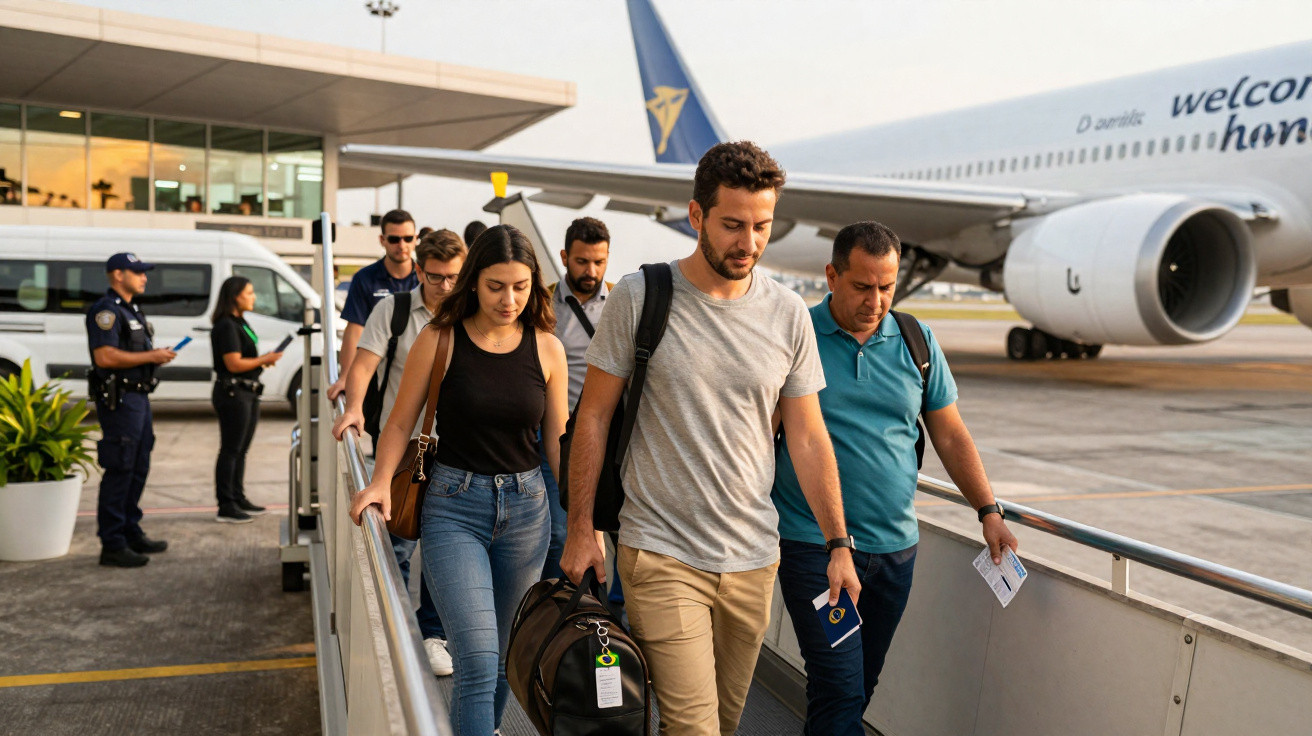 Passageiros caminhando na ponte de embarque com avião ao fundo em aeroporto durante o dia.