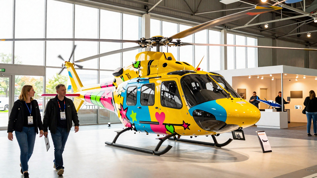 Helicóptero colorido com desenho vibrante exposto em hangar, pessoas caminhando ao lado.