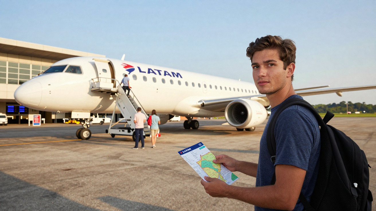 Homem com mochila segura mapa em frente a avião da LATAM no aeroporto em dia claro.
