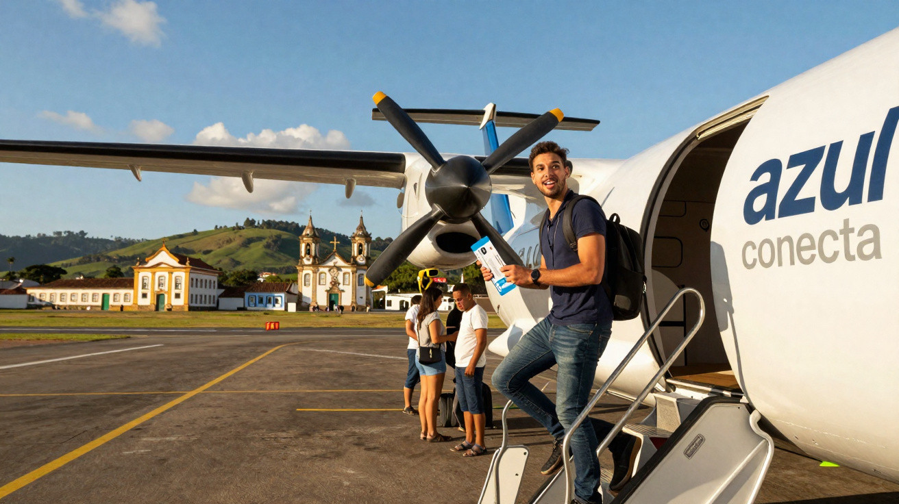 Homem sorridente com mochila sobe escada de avião Azul em aeroporto com paisagem e igreja ao fundo.
