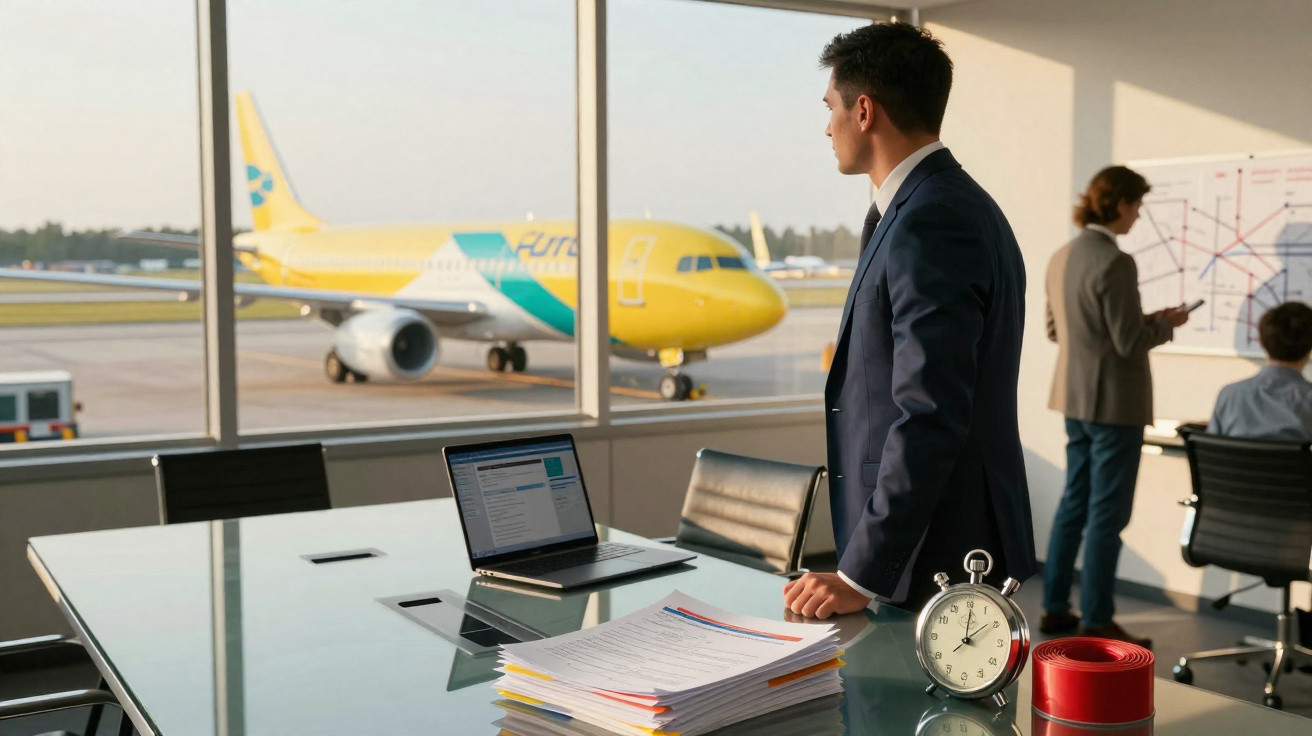 Homem de terno observando avião amarelo pelo grande vidro em sala de reunião com laptop e documentos.