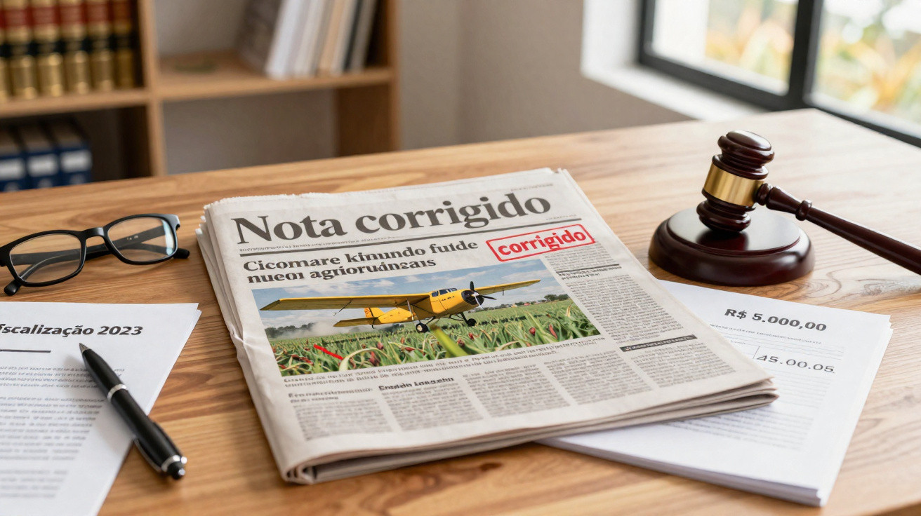Jornal com manchete "Nota corrigido", óculos, caneta, papéis e martelo de madeira sobre mesa de escritório.