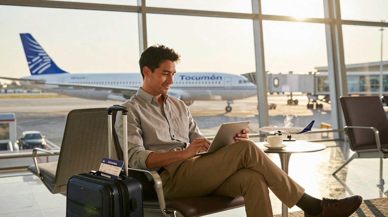 Homem sentado no aeroporto com mala e tablet, avião visível pela janela ao fundo.