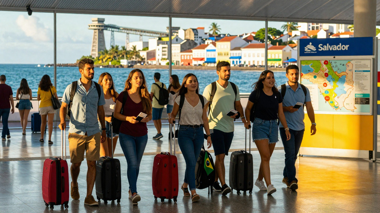 Grupo de jovens com malas em terminal de barcas com vista para a Baía de Todos os Santos em Salvador.