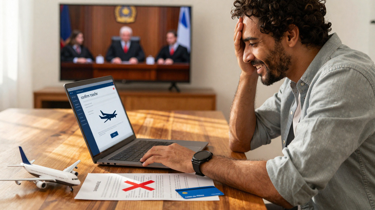 Homem sorridente usando laptop para reservar voo, com documento cancelado e avião de brinquedo na mesa.