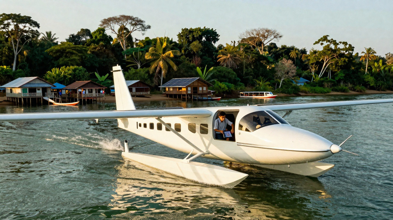 Avião hidroavião branco pousando em rio próximo a casas e vegetação em área tropical.