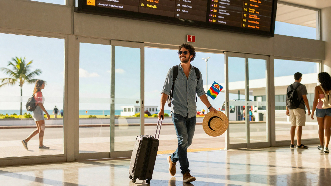 Homem sorridente com mala de rodinhas e chapéu em aeroporto, próximo a portas de vidro e painel de voos.